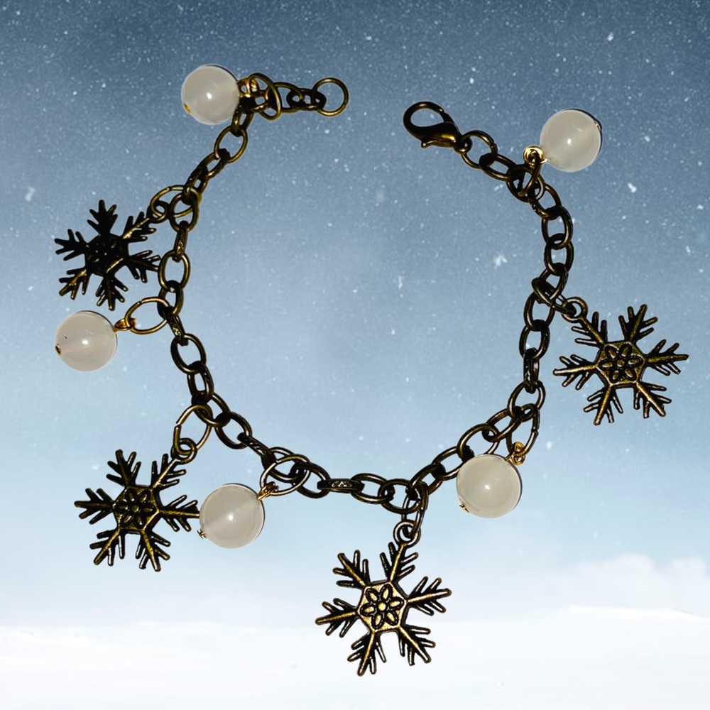 Handmade Charm Bracelet Snowflakes Snow Ball Beads Copper Antique Links